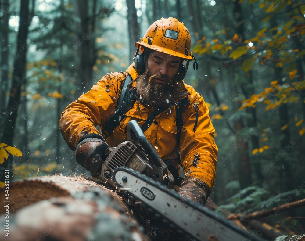 Fototapeta premium A lumberjack in a dense forest, cutting down trees with a chainsaw, with logs and foliage creating a rugged, natural scene