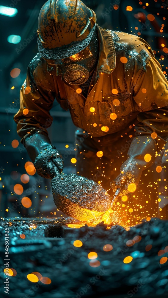 A foundry worker pouring molten metal into molds, with a bright, fiery background, showcasing the heat and intensity of the process A foundry worker pouring molten metal into molds, with a bright, fiery background, showcasing the heat and intensity of the process