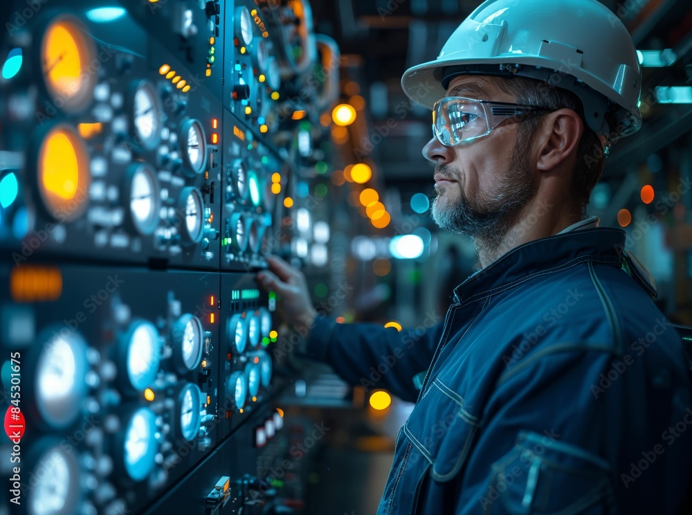 A nuclear plant technician in a control room, monitoring screens and gauges, with a focus on safety and precision in a high-stakes environment A nuclear plant technician in a control room, monitoring screens and gauges, with a focus on safety and precision in a high-stakes environment