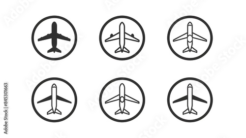 Airplane icon takeoff logo black pictogram set vector or plane take off flying silhouette shape graphic simple plain clipart symbol, airport airline jet circle sign, aeroplane thin line outline art