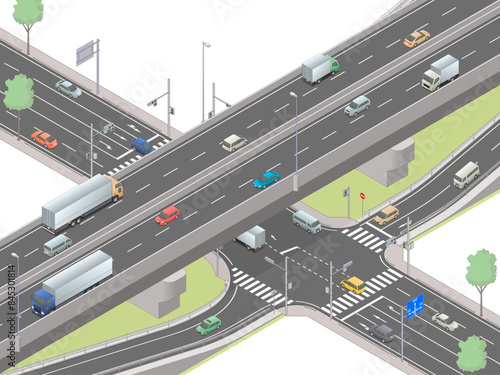 アイソメトリック図法で描いた立体交差道路のイメージ / Road overpass. Isometric illustration