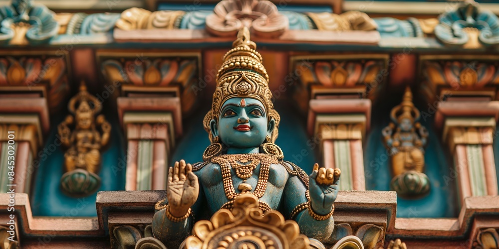 Fototapeta premium An intricately designed and vividly painted statue of a blue deity adorned with gold, with a richly detailed temple as the background, showcasing vibrant cultural artistry.