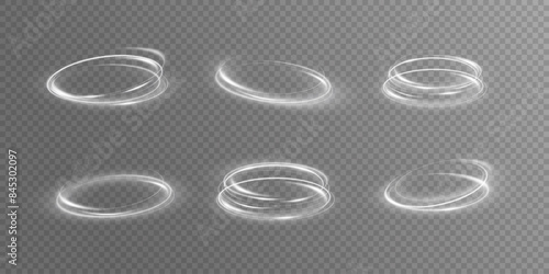 Glowing white spiral. Speed ​​abstract lines effect. Rotating shiny rings. Glowing circular lines. Glowing ring trail. Vector.	