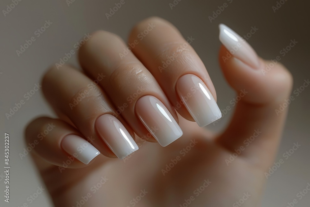 woman hand with French manicure on square nails on neutral background, design of nails, nail care woman hand with French manicure on square nails on neutral background, design of nails, nail care
