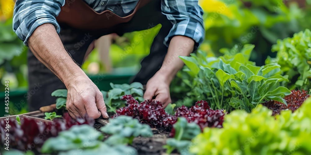 © Armin - Image of a gardener tending to a lush vegetable garden, showcasing vibrant and diverse plant life, emphasizing the nurturing aspect of human interaction with nature.