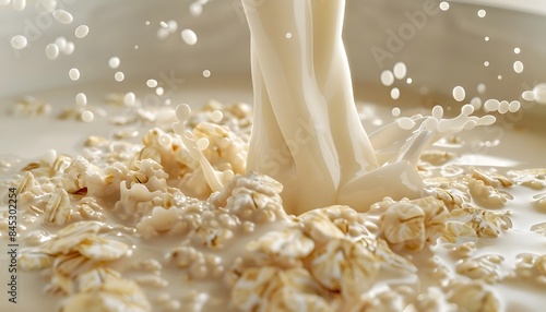 A splash of milk into oatmeal, close-up, capturing a nutritious breakfast moment.
