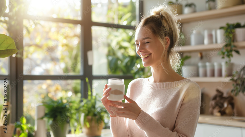 Woman smiling, holding a jar of natural moisturizer in a bright and airy living room Woman smiling, holding a jar of natural moisturizer in a bright and airy living room