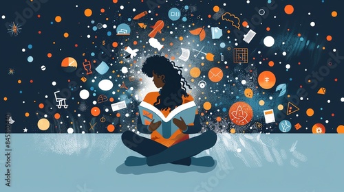 A person sits cross-legged reading a book with various icons of knowledge swirling in the background, indicating the breadth of information. photo