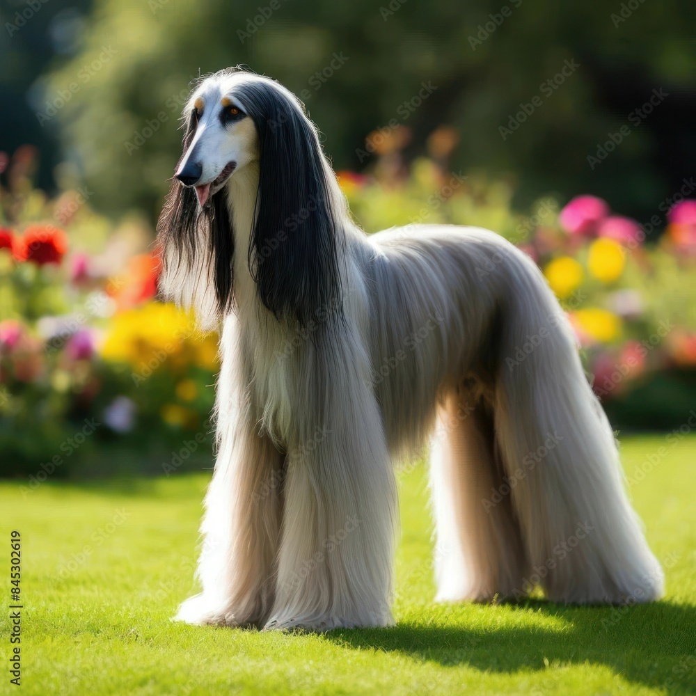 Elegant Afghan Hound Standing in Sunny Garden, AI-Generated Image Elegant Afghan Hound Standing in Sunny Garden, AI-Generated Image