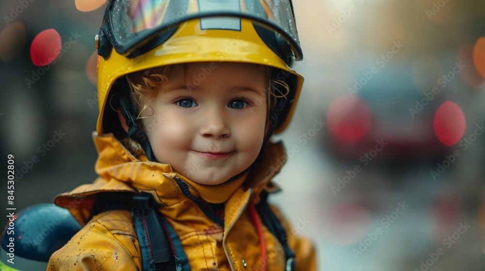 A small child in a yellow fire suit and helmet smiles for the camera A small child in a yellow fire suit and helmet smiles for the camera