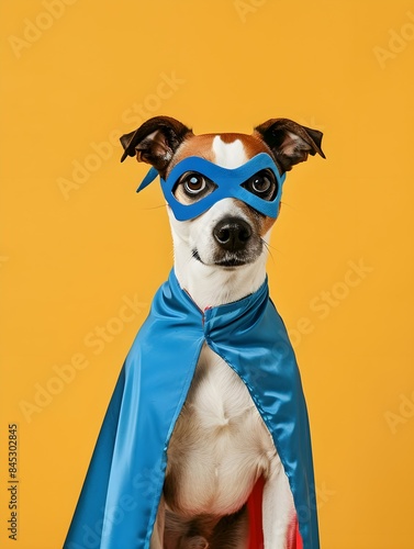 Adorable dog in blue superhero cape and mask on yellow background