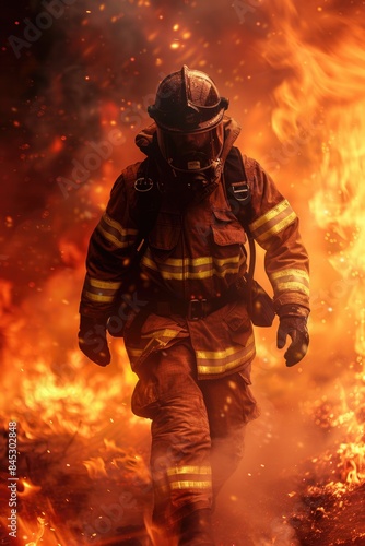 Firefighter in Action Amidst Intense Flames © Ivy