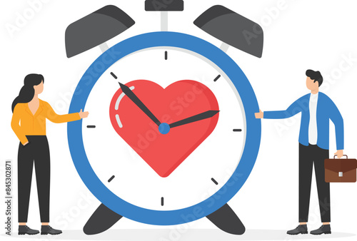 Alarm clock with heart. Wedding and valentine day concept. Тime to love with heart. Wake up with smile or date with my lover on Valentine time 14 february with watch and heart. vector illustration

