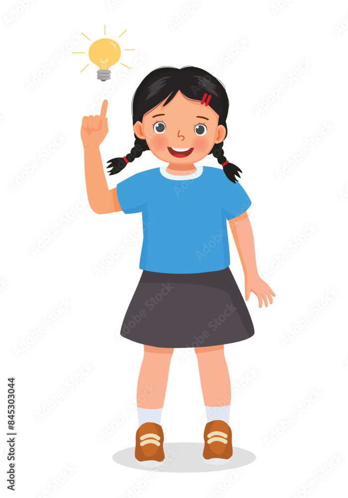 Cute little girl got an idea pointing finger up with bulb light Cute little girl got an idea pointing finger up with bulb light