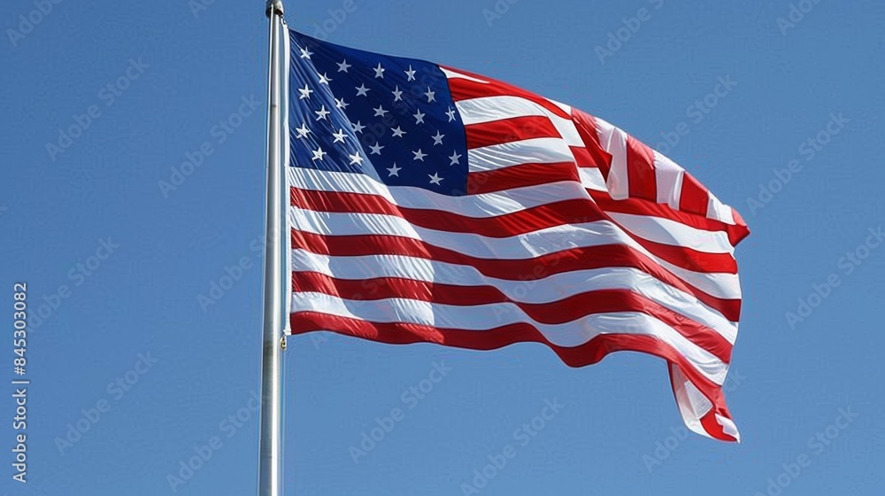 The American flag waving majestically in the breeze against a bright blue sky, symbolizing freedom and unity. The American flag waving majestically in the breeze against a bright blue sky, symbolizing freedom and unity.