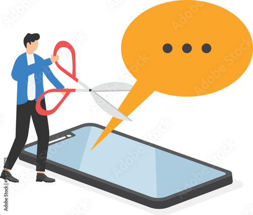 Young adult uses scissors to cut out various messages. Do not disturb. Block unwanted messages, filter messages, spam and chats from unknown senders. Delete all conversations. Flat vector illustration