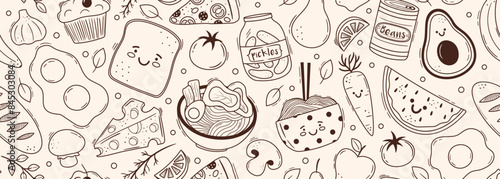 Seamless vector banner with cute asian food characters. Bread, eggs, avocado, ramen, beans, pizza line drawings on wide background. Funny pattern with doodle snacks, desserts, lunch and dinner