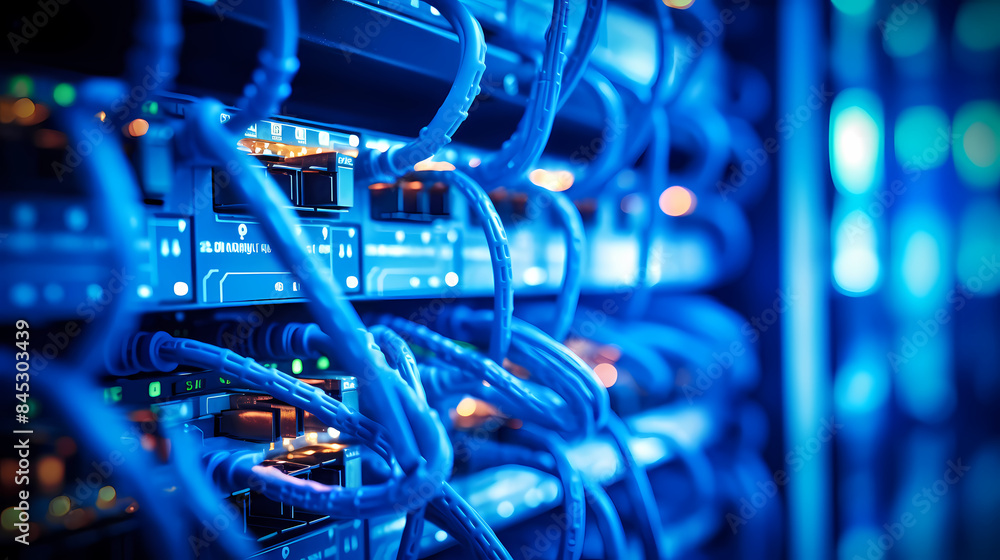 Abstract close up of network cables and racks with servers in a data center Abstract close up of network cables and racks with servers in a data center