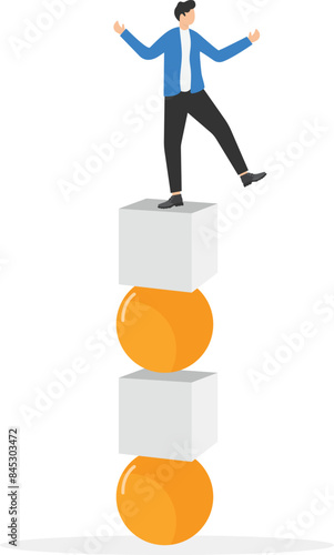 Hand help businessman no falling from stack of unstable blocks. Balance cooperation and investment, risk management. Uncertainty and fragile company management style. flat vector illustration

