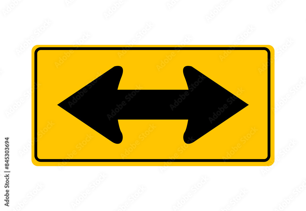 Road sign double arrow. Traffic is only allowed to move left or right. Movement directly expressly prohibited. Diamond road sign. Rhombus road sign. Warning diamond shaped yellow road sign. Road sign double arrow. Traffic is only allowed to move left or right. Movement directly expressly prohibited. Diamond road sign. Rhombus road sign. Warning diamond shaped yellow road sign.