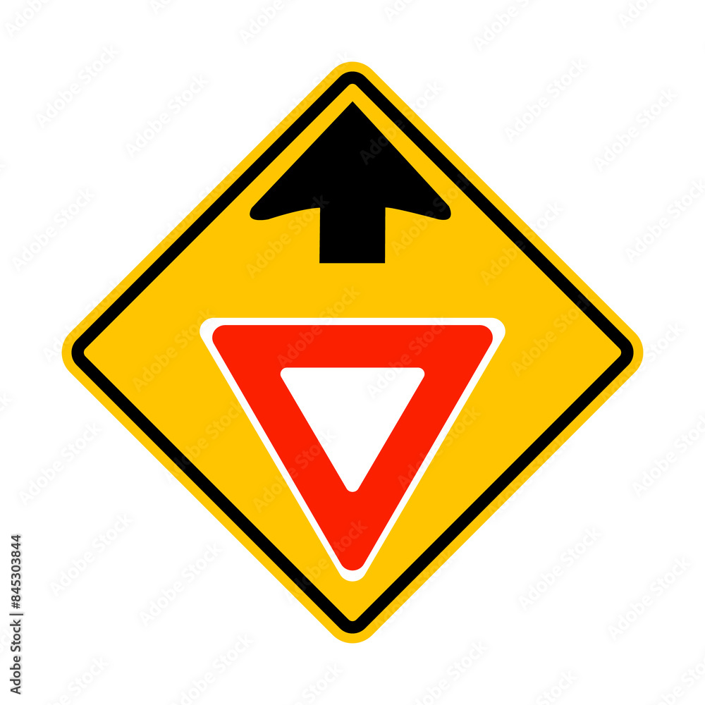 Sign yield. Road sign ahead that not visible from distance. Sign give way. Reduce speed and give way to other vehicles. Caution, intersection. Diamond road sign. Warning yellow road sign. Sign yield. Road sign ahead that not visible from distance. Sign give way. Reduce speed and give way to other vehicles. Caution, intersection. Diamond road sign. Warning yellow road sign.