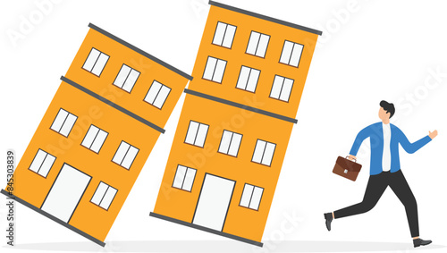 Mortgage crisis, concept. Real estate or property debt crisis causing domino effect, housing or investment asset fall down, panic businessman investor run away from collapsing housing domino. vector

