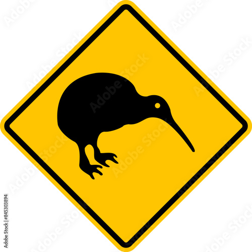 Kiwi road sign. Kiwi habitat. Be careful not to hit the kiwi bird. New Zealand bird species. Diamond road sign. Rhombus road sign. Warning yellow road sign.