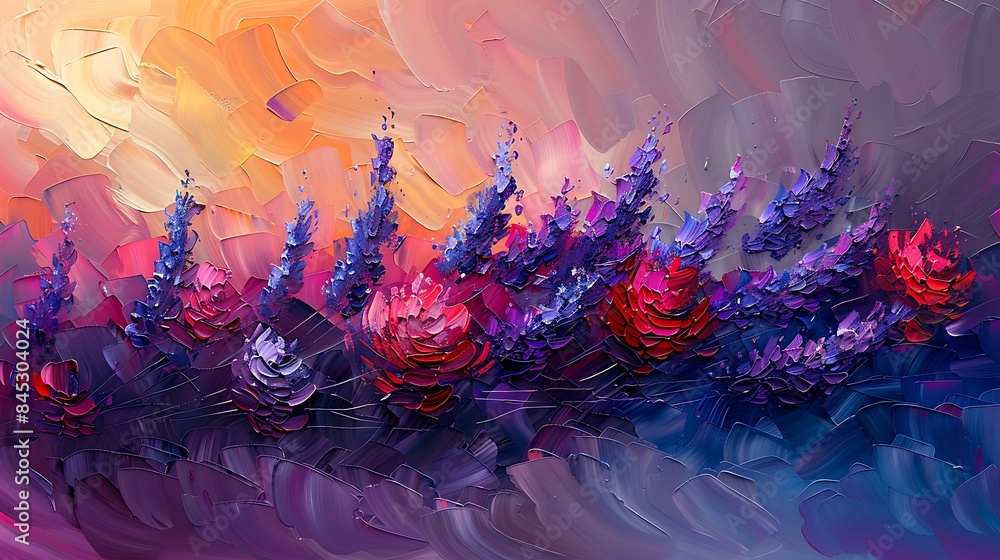 Fototapeta premium An abstract oil painting of lavender, bold and vibrant colors with exaggerated brush strokes, capturing the essence and beauty of the flowers.