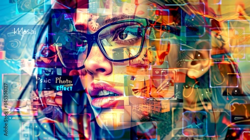 Vibrant and colorful digital art featuring a young woman with glasses. Her face is overlaid with multiple images to create a unique artistic collage. T