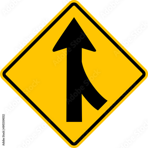 Sign for merging road on right side. Road junction. Unregulated intersection with adjacent road. A junction where one street or road intersects another. Diamond road sign. Warning yellow road sign.