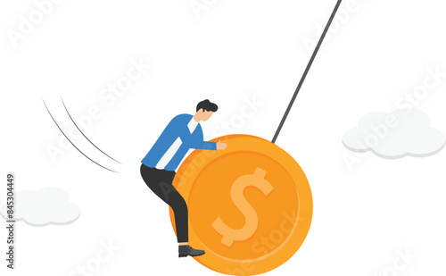 Stock market volatility and fluctuation, market swing by greed and fear of investor or financial investment risk concept, businessman investor trying to grab and pull dollar money sign tie with spring
