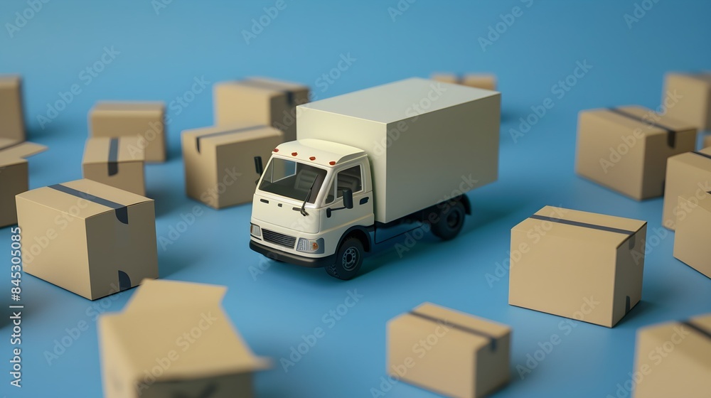 A toy delivery truck surrounded by cardboard boxes on a blue background, depicting a moving or delivery service concept A toy delivery truck surrounded by cardboard boxes on a blue background, depicting a moving or delivery service concept