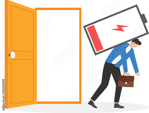 Tired businessman leaves office, end of working day. Brick wall, open door, exit. Unhappy male employee holds a huge empty battery. Overworked man, fatigue, lack of strength. Flat vector illustration
