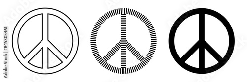 Set of isolated peace symbols on a transparent background. Flat, outlined and hatched Peace symbol. Vector illustration