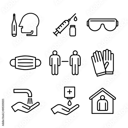 Personal protection equipment icons medical mask, latex gloves, soap, dispenser, protective glasses. Coronavirus, covid 19 prevention items. Line, outline symbols. Mask icon. Vector illustration.