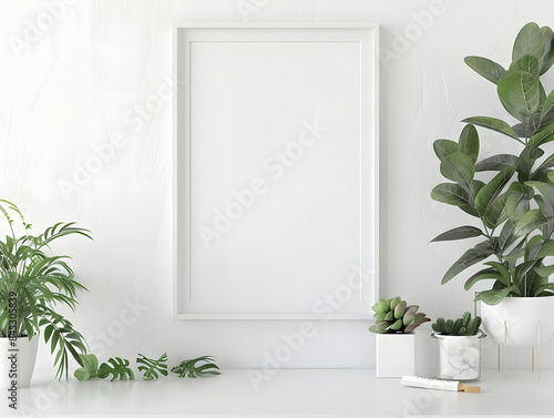 Empty frame mockup on a white table with plants  © tanjidvect