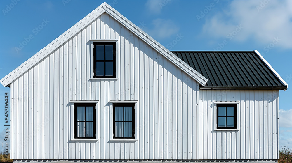 White wooden house with black framed windows under a clear blue sky. White wooden house with black framed windows under a clear blue sky.