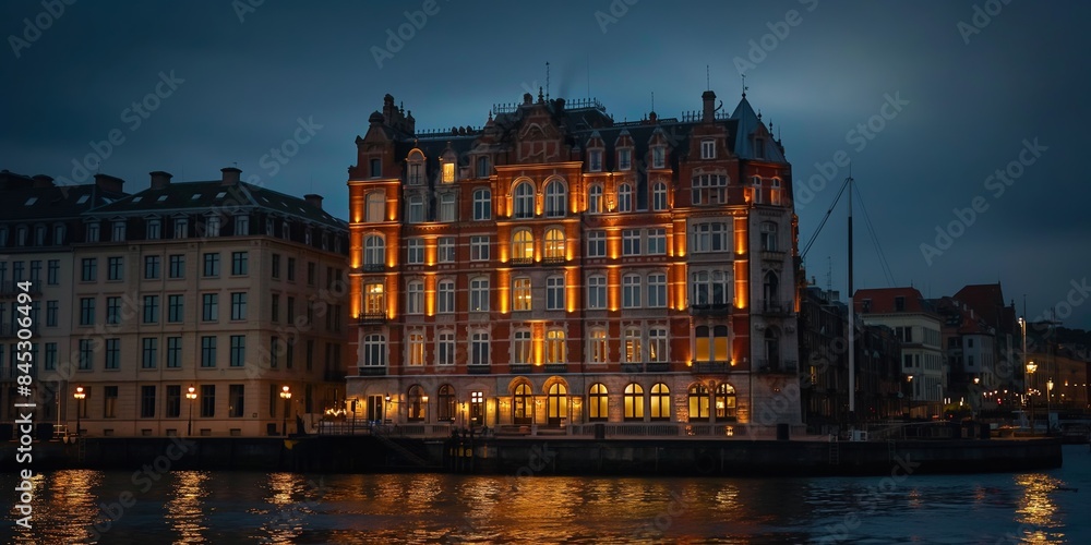 Obraz premium A beautifully illuminated historic building stands majestically by the riverside, its reflections shimmering in the water under the night sky, exuding a sense of elegance and nostalgia.