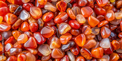 A close-up view of polished carnelian stones in various shades of orange, red, and brown. The stones are smooth and shiny, creating a visually appealing and vibrant image that highlights their natural