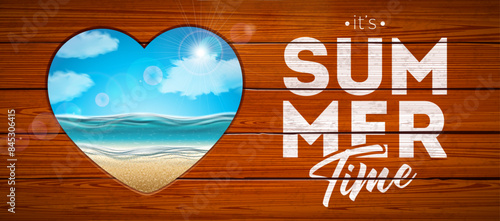 Hello Summer Illustration with Ocean Landscape in Cutting Heart Symbol and Typography Lettering on Vintage Wood Background. Vector Beach Holiday Design for Celebration Banner, Flyer, Greeting Card