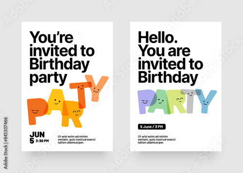 Birthday party invitation layout template. Design with colorful cartoon characters and eye catching typography for your flyer, poster, cover, brochure or banner.