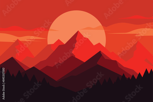 Beautiful mountain panoramic landscape at sunrise. Stunning landscape of a red sunset over the silhouettes of mountains and peaks. Amazing vector illustration