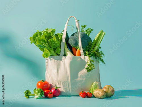 Bag filled fresh vegetables fruits, including tomatoes, peppers, against turquoise background photo