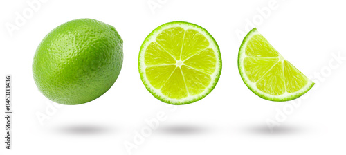 Flying green lemon with slices and shadow isolated on white background , clipping path.