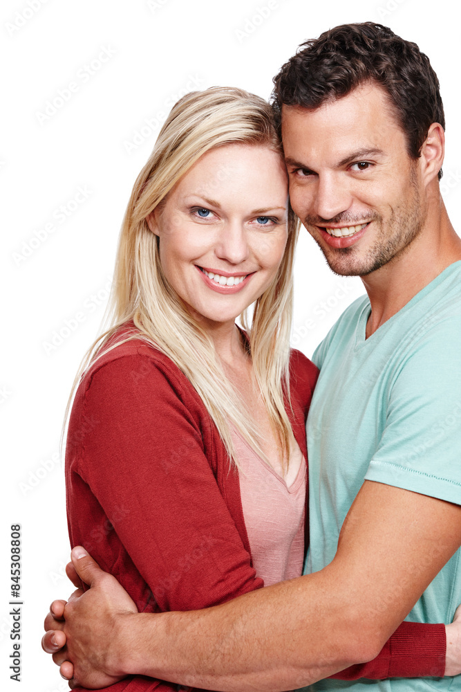 Love, portrait and couple hug in studio white background together happy for memories, romance and support. Smiling, man and woman embrace with care, date and commitment to relationship or unity Love, portrait and couple hug in studio white background together happy for memories, romance and support. Smiling, man and woman embrace with care, date and commitment to relationship or unity