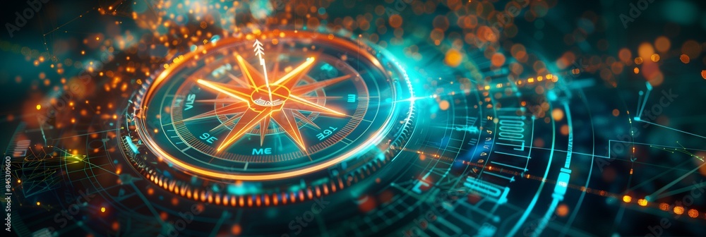 Abstract compass in blue neon with data visualization, emphasizing innovation. Abstract compass in blue neon with data visualization, emphasizing innovation.