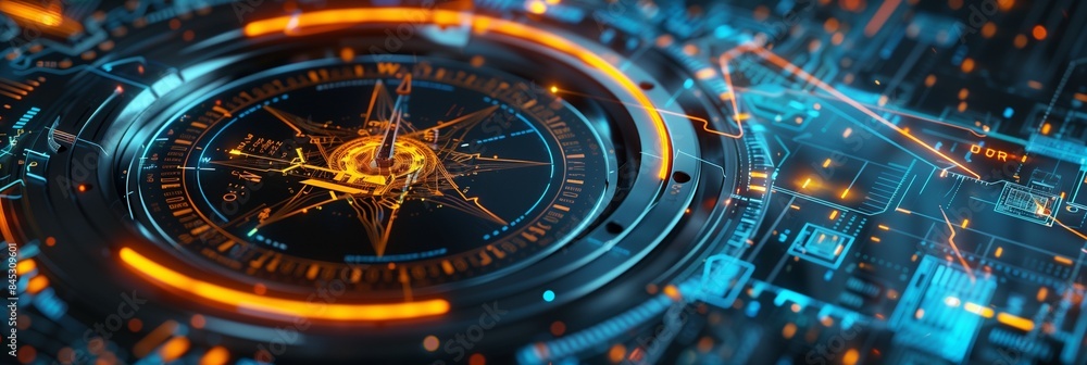 custom made wallpaper toronto digitalDetailed black compass with neon orange and blue, captured in high-resolution for AI tech.