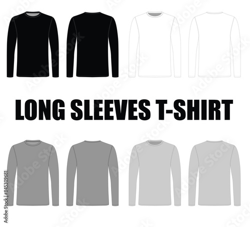 Active underwear round neck blank white, black grey and silver color long Sleeve t-Shirt For template on white Background. Front and Back view vector file.