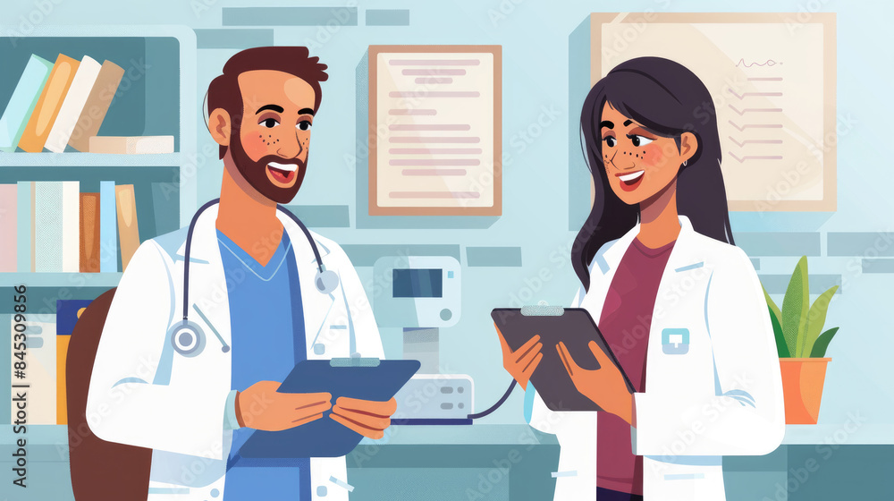 Two doctors, a man and a woman, stand in an office and review medical records. They are smiling and engaged in conversation Two doctors, a man and a woman, stand in an office and review medical records. They are smiling and engaged in conversation