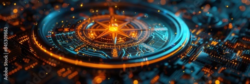 High-detail neon compass with digital data, perfect for business or travel tech.